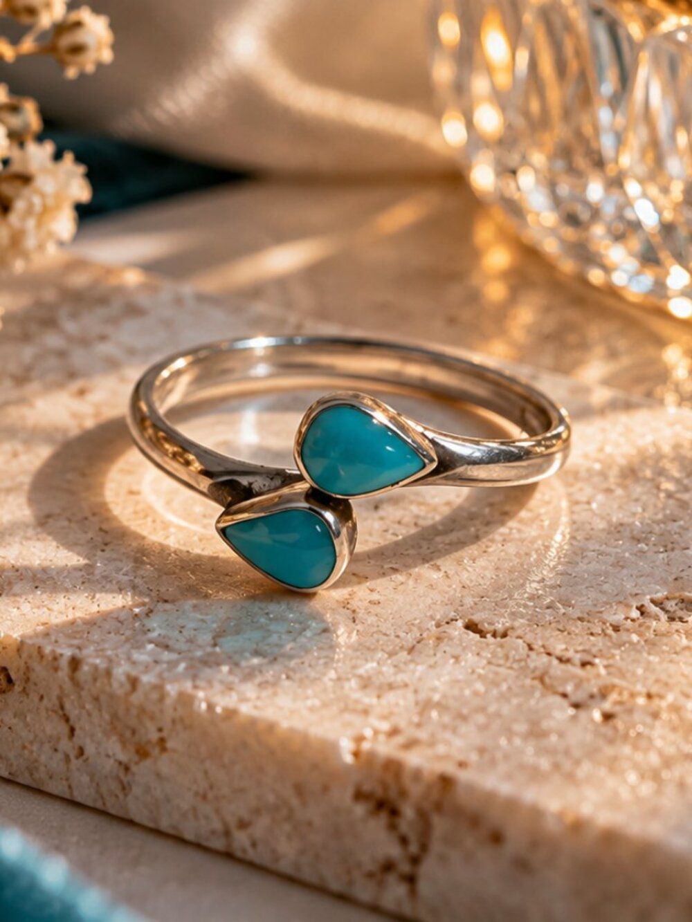 Sterling Silver Turquoise Double Stone Bypass Ring – Size 7